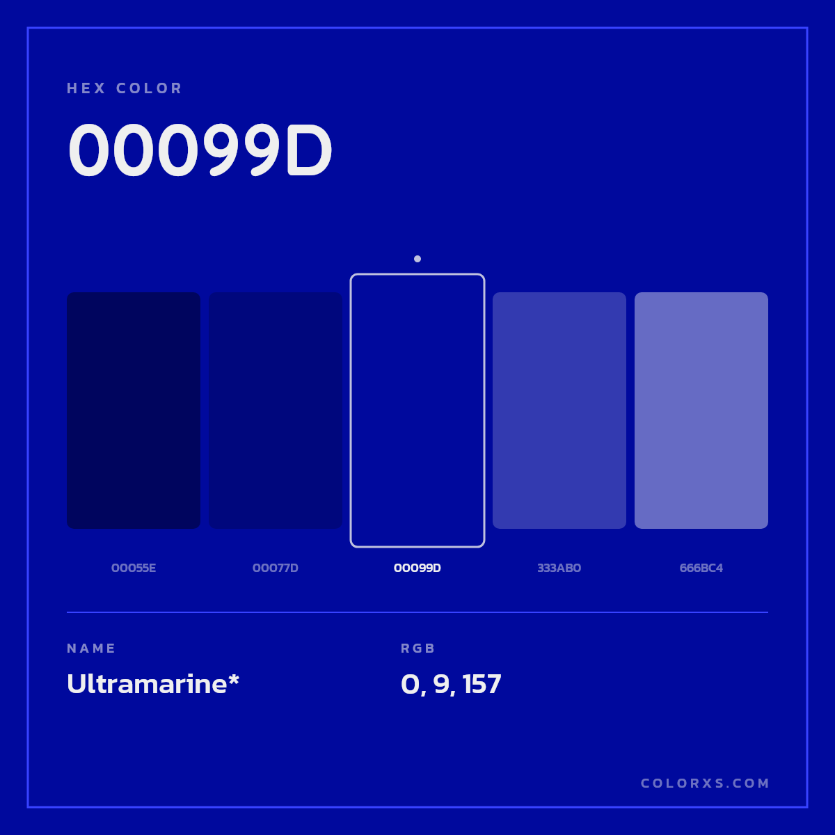 #00099D hex color. RGB, RYB, CMYK, HSL, HSV codes and color conversions. Matching color names, palettes, paints.