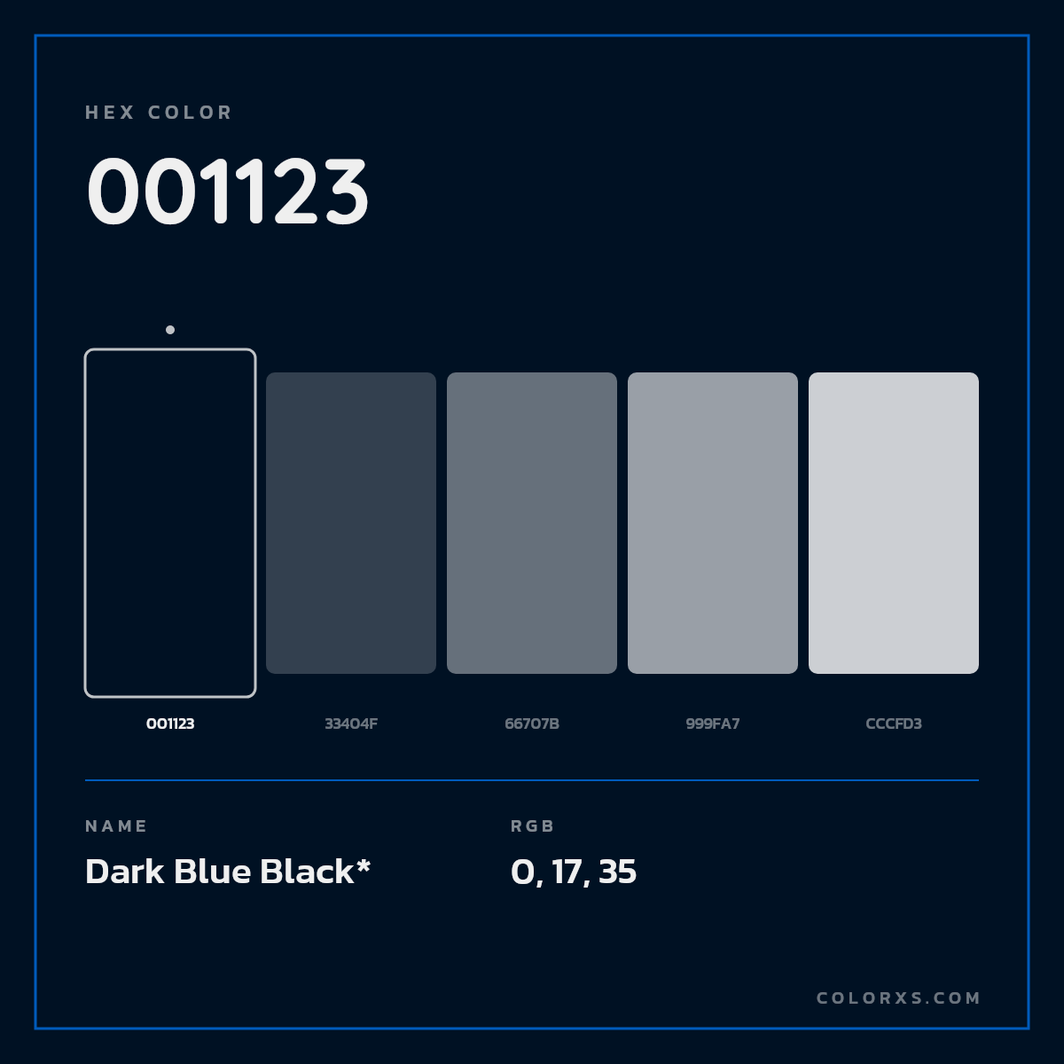 #001123 hex color. RGB, RYB, CMYK, HSL, HSV codes and color conversions. Matching color names, palettes, paints.