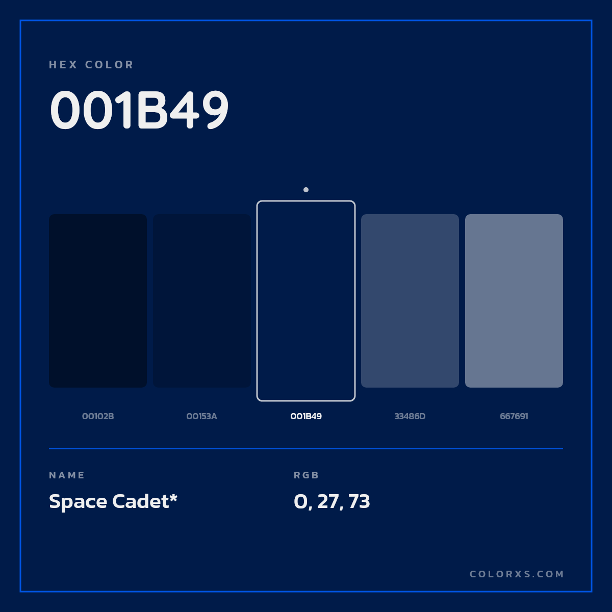 #001B49 hex color. RGB, RYB, CMYK, HSL, HSV codes and color conversions. Matching color names, palettes, paints.