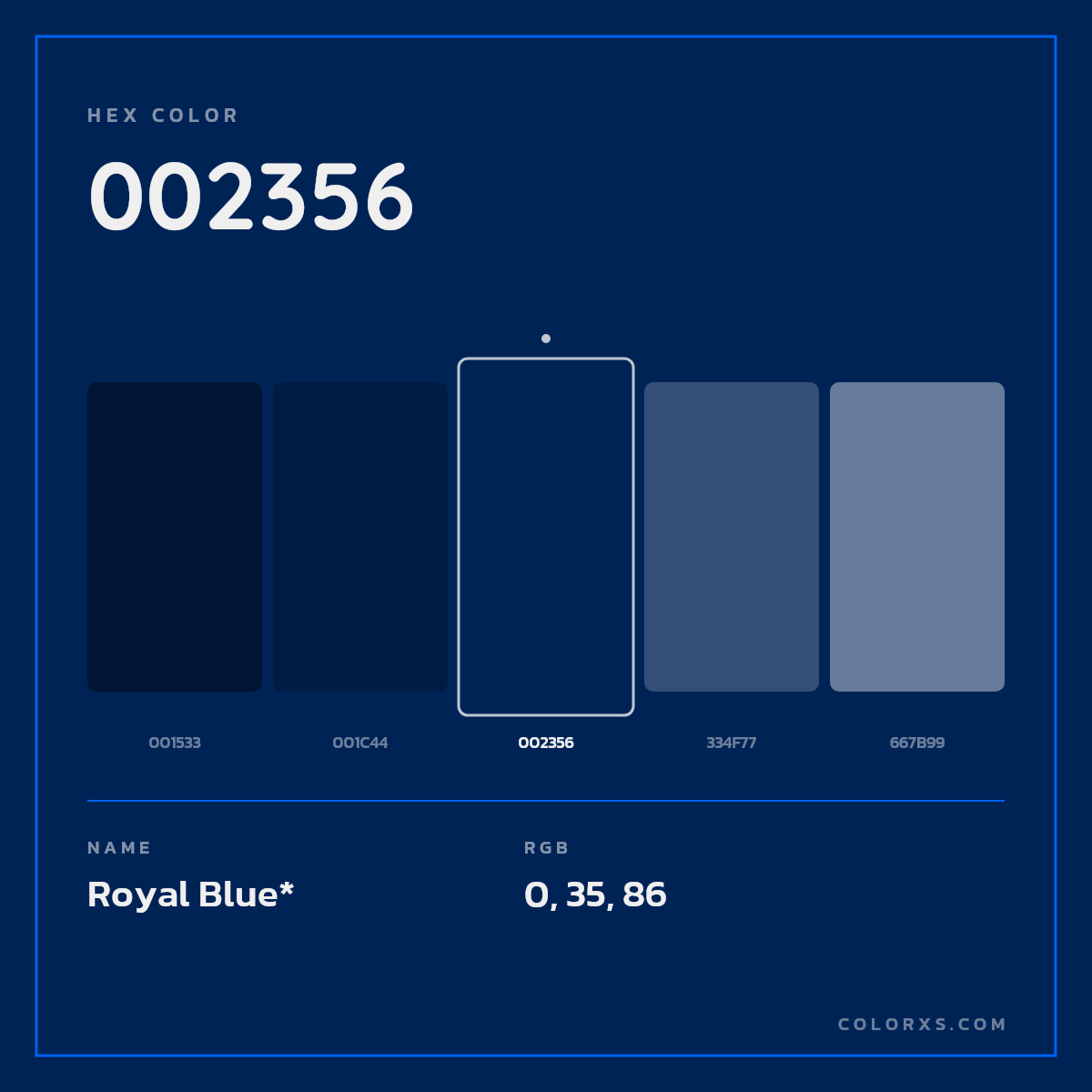 #002356 hex color. RGB, RYB, CMYK, HSL, HSV codes and color conversions. Matching color names, palettes, paints.