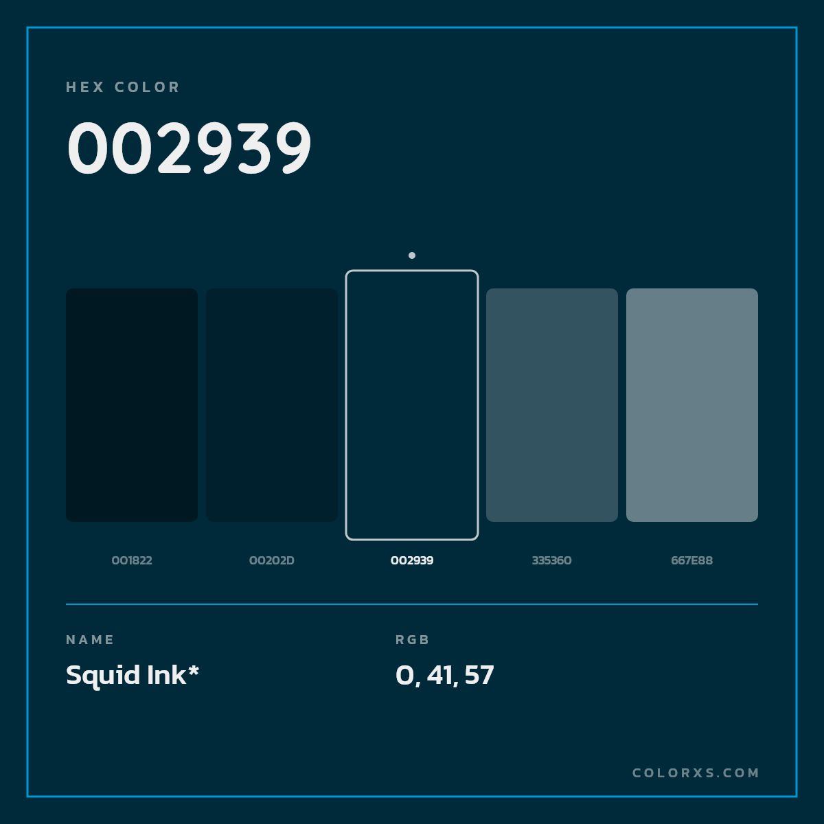 #002939 hex color. RGB, RYB, CMYK, HSL, HSV codes and color conversions. Matching color names, palettes, paints.