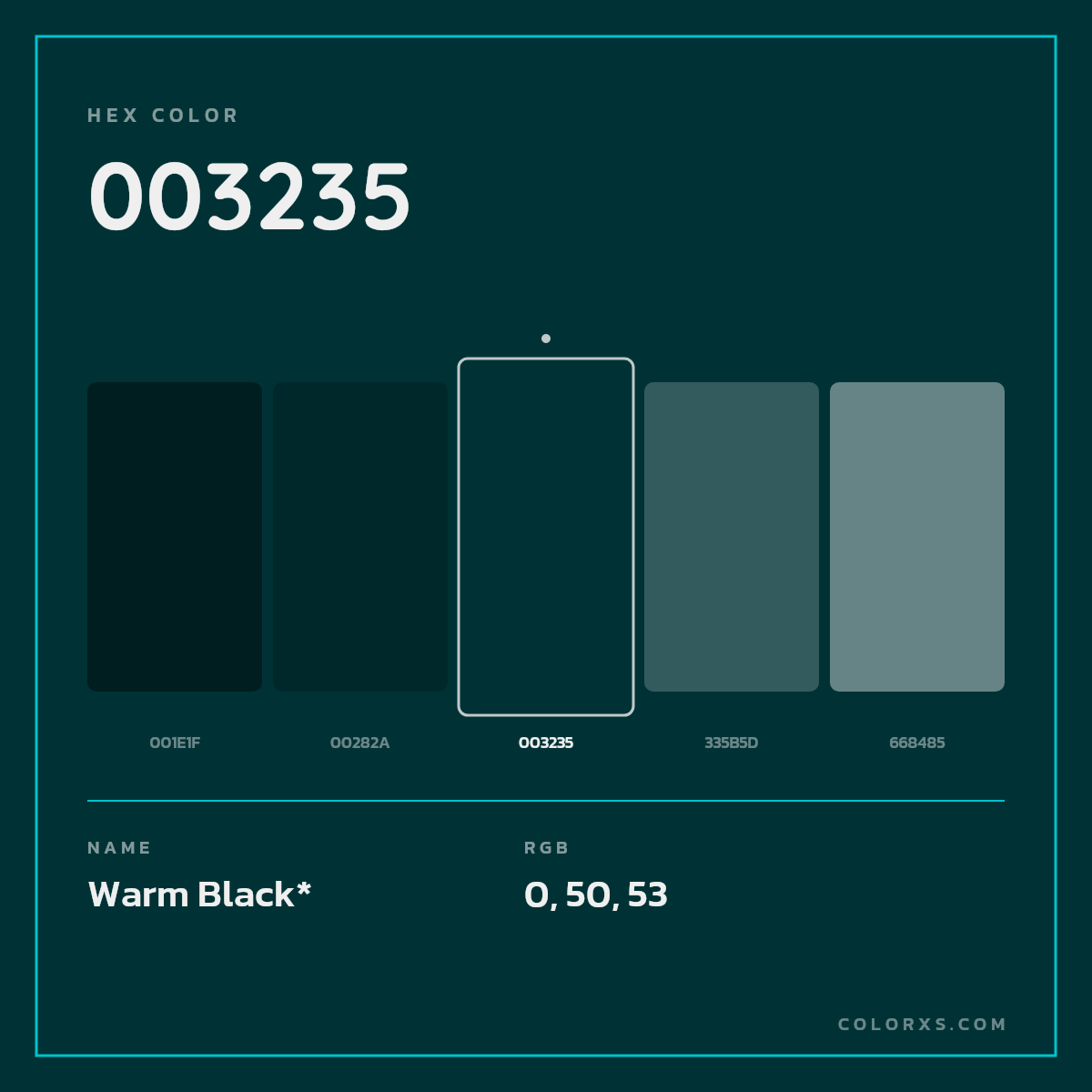 #003235 hex color. RGB, RYB, CMYK, HSL, HSV codes and color conversions. Matching color names, palettes, paints.