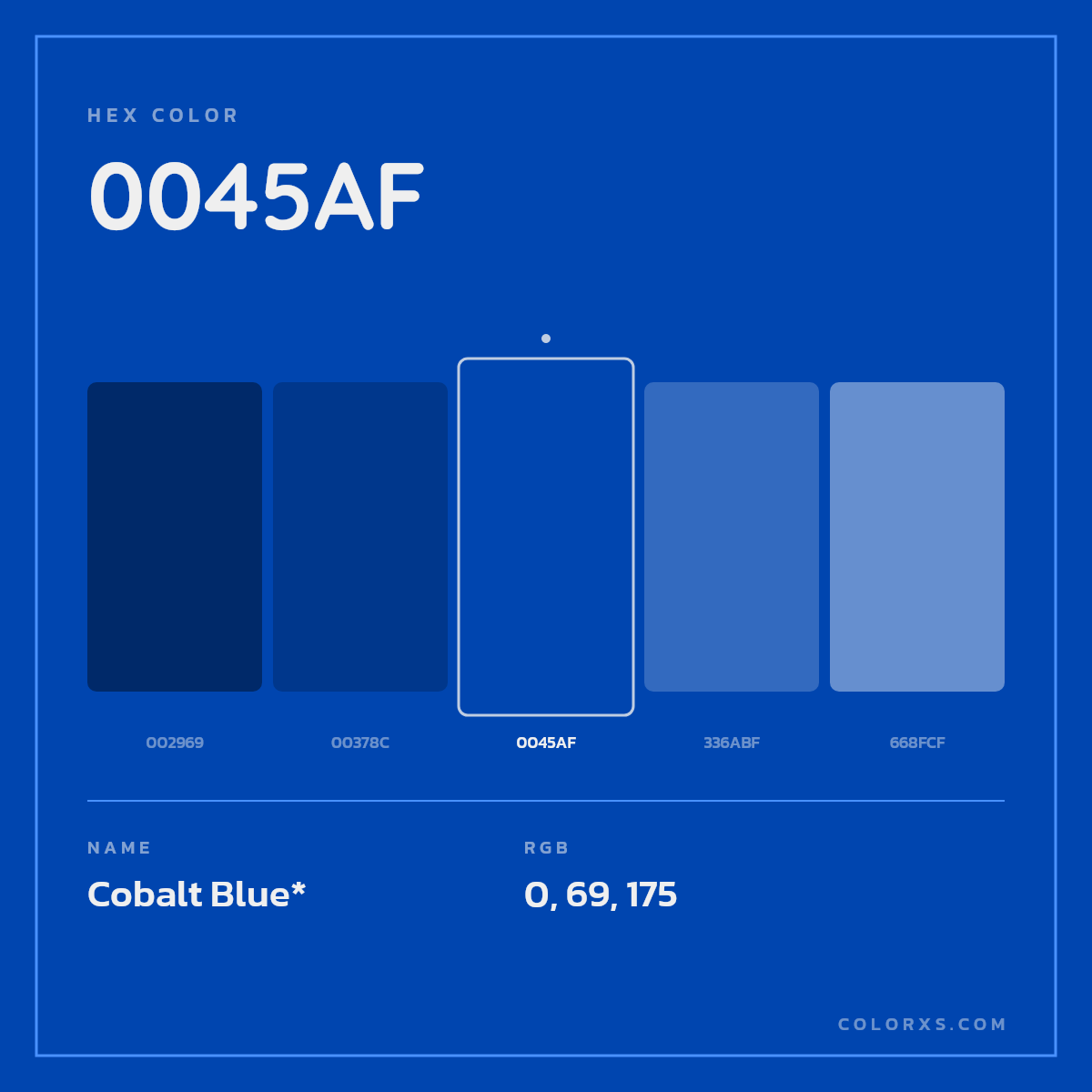#0045AF hex color. RGB, RYB, CMYK, HSL, HSV codes and color conversions. Matching color names, palettes, paints.