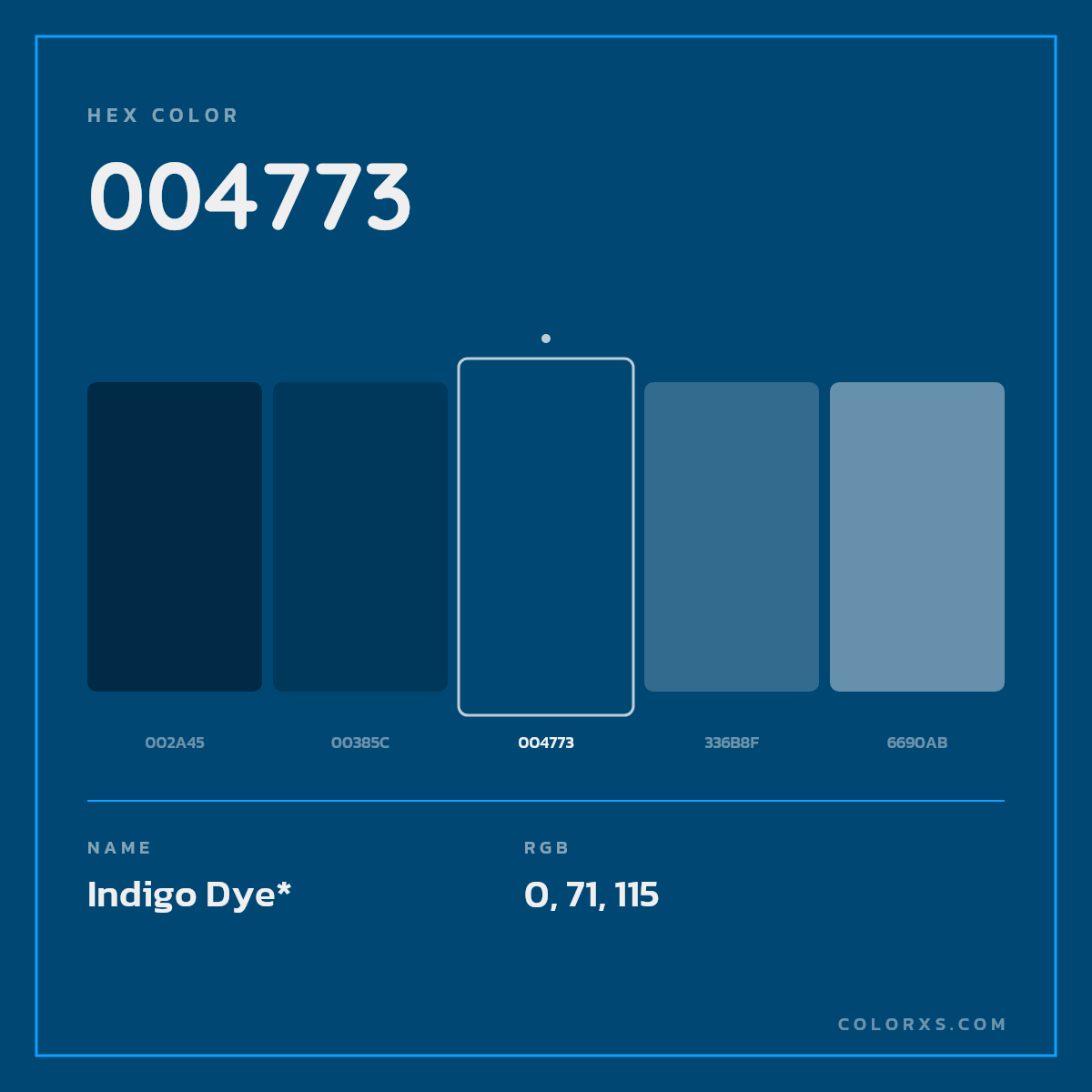#004773 hex color. RGB, RYB, CMYK, HSL, HSV codes and color conversions. Matching color names, palettes, paints.