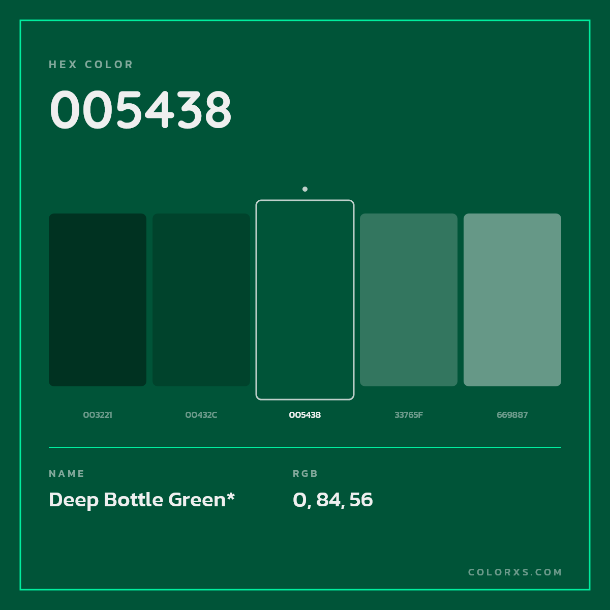 #005438 hex color. RGB, RYB, CMYK, HSL, HSV codes and color conversions. Matching color names, palettes, paints.