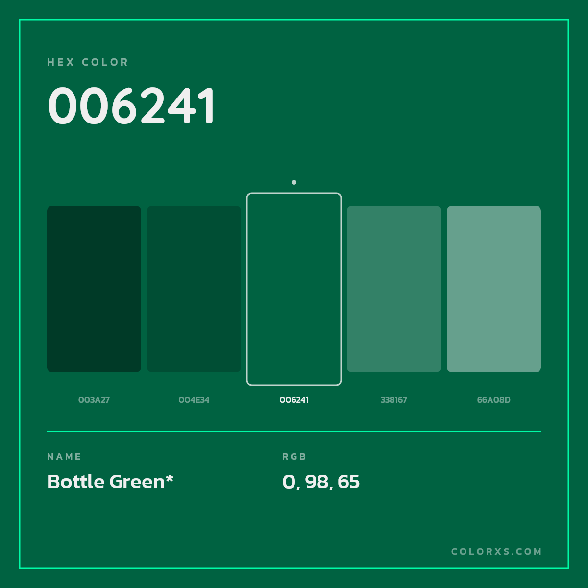 #006241 hex color. RGB, RYB, CMYK, HSL, HSV codes and color conversions. Matching color names, palettes, paints.