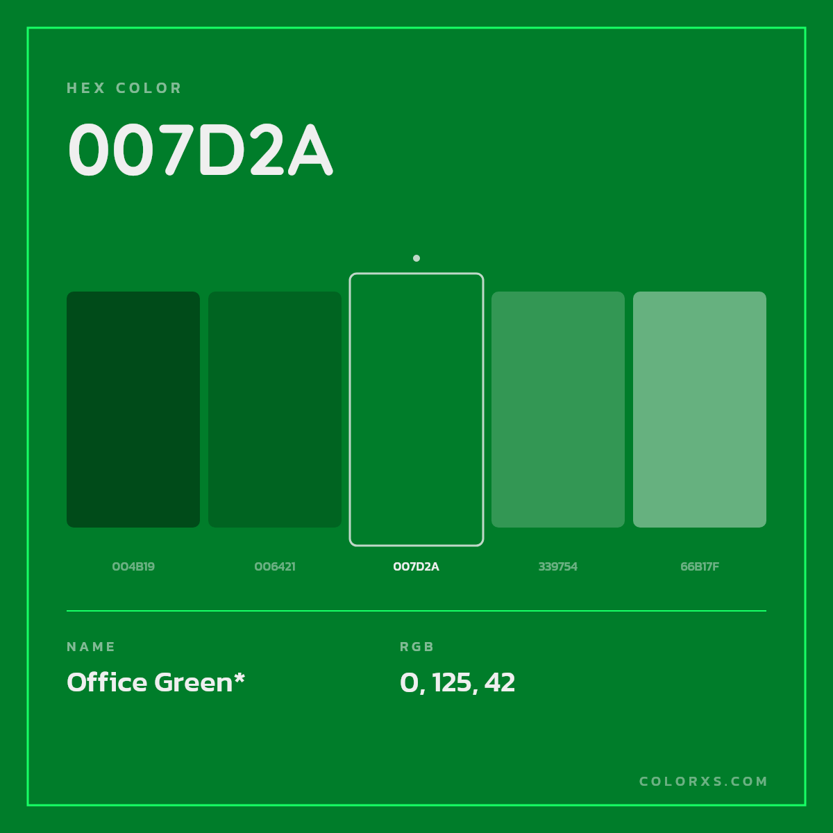 #007D2A hex color. RGB, RYB, CMYK, HSL, HSV codes and color conversions. Matching color names, palettes, paints.
