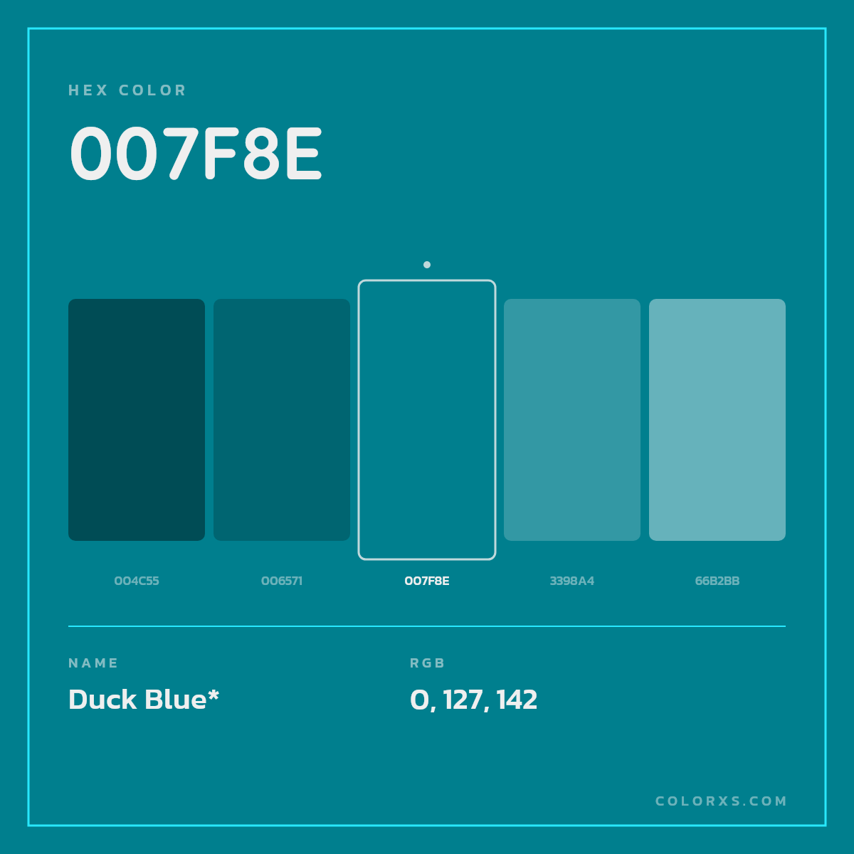 #007F8E hex color. RGB, RYB, CMYK, HSL, HSV codes and color conversions. Matching color names, palettes, paints.