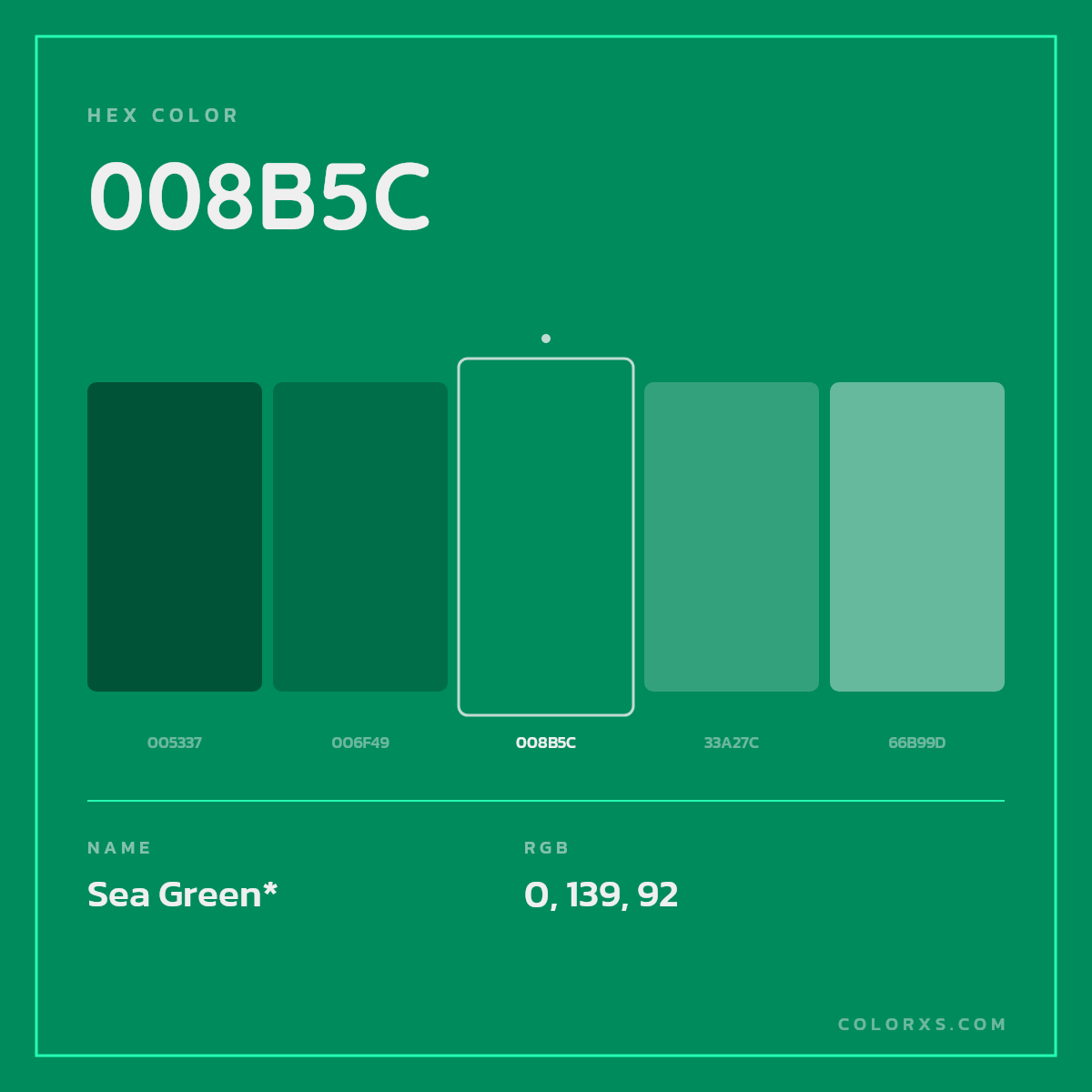 #008B5C hex color. RGB, RYB, CMYK, HSL, HSV codes and color conversions. Matching color names, palettes, paints.