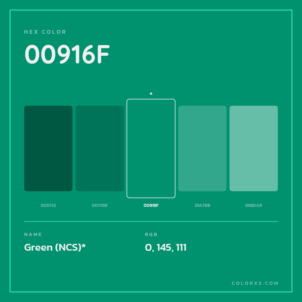#00916F hex color. RGB, RYB, CMYK, HSL, HSV codes and color conversions. Matching color names, palettes, paints.