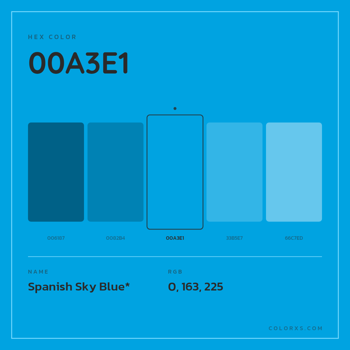 #00A3E1 hex color. RGB, RYB, CMYK, HSL, HSV codes and color conversions. Matching color names, palettes, paints.