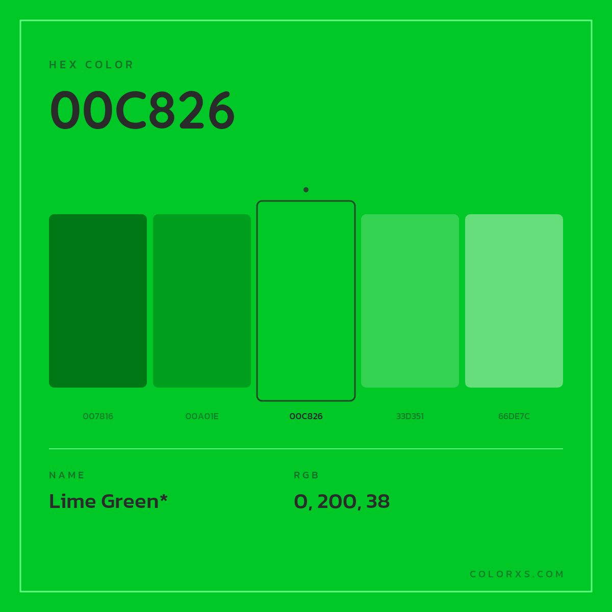 #00C826 hex color. RGB, RYB, CMYK, HSL, HSV codes and color conversions. Matching color names, palettes, paints.