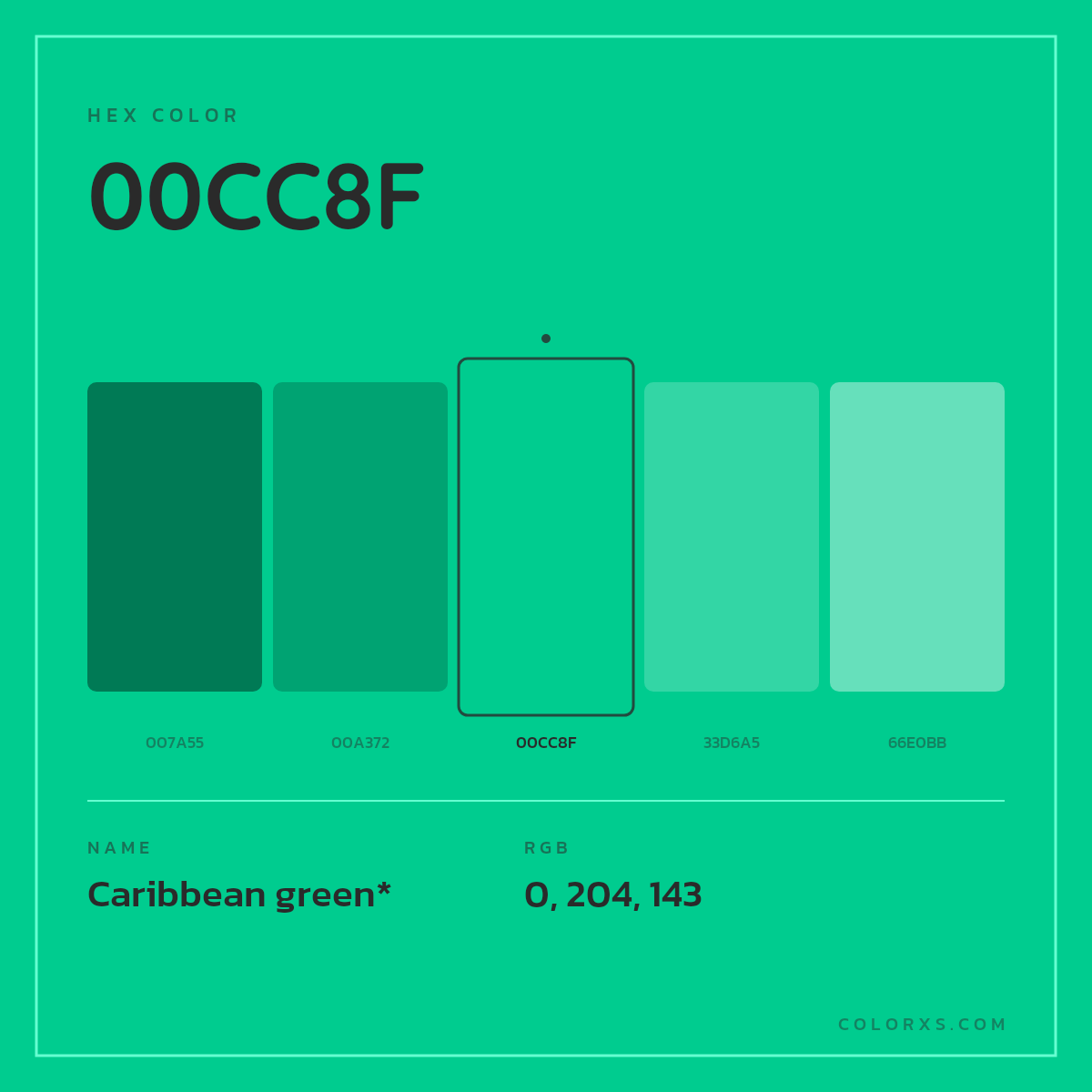 #00CC8F hex color. RGB, RYB, CMYK, HSL, HSV codes and color conversions. Matching color names, palettes, paints.