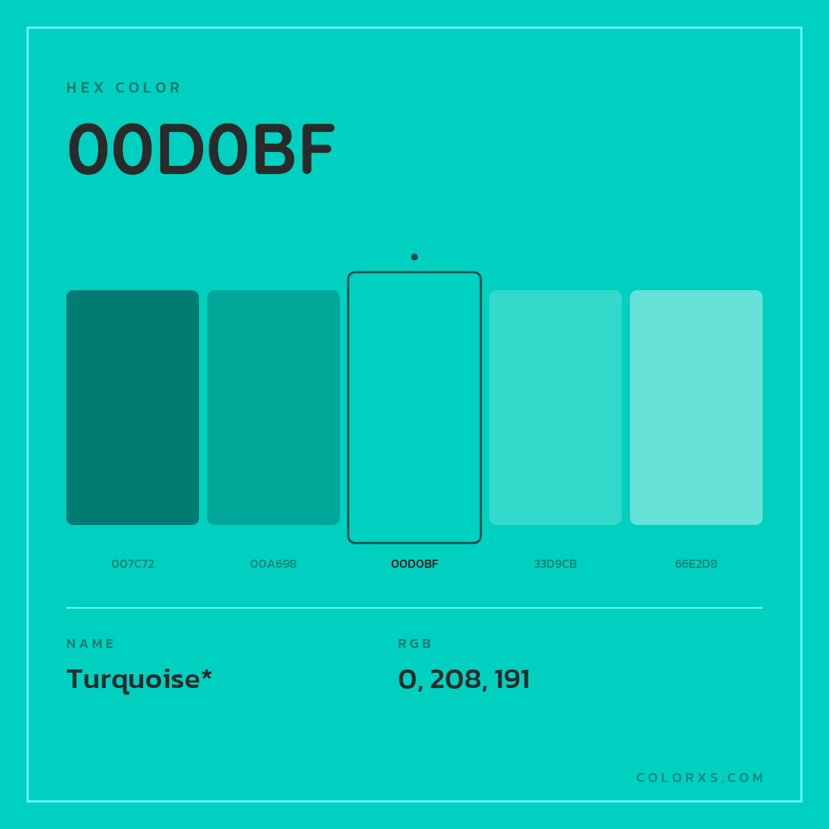 #00D0BF hex color. RGB, RYB, CMYK, HSL, HSV codes and color conversions. Matching color names, palettes, paints.
