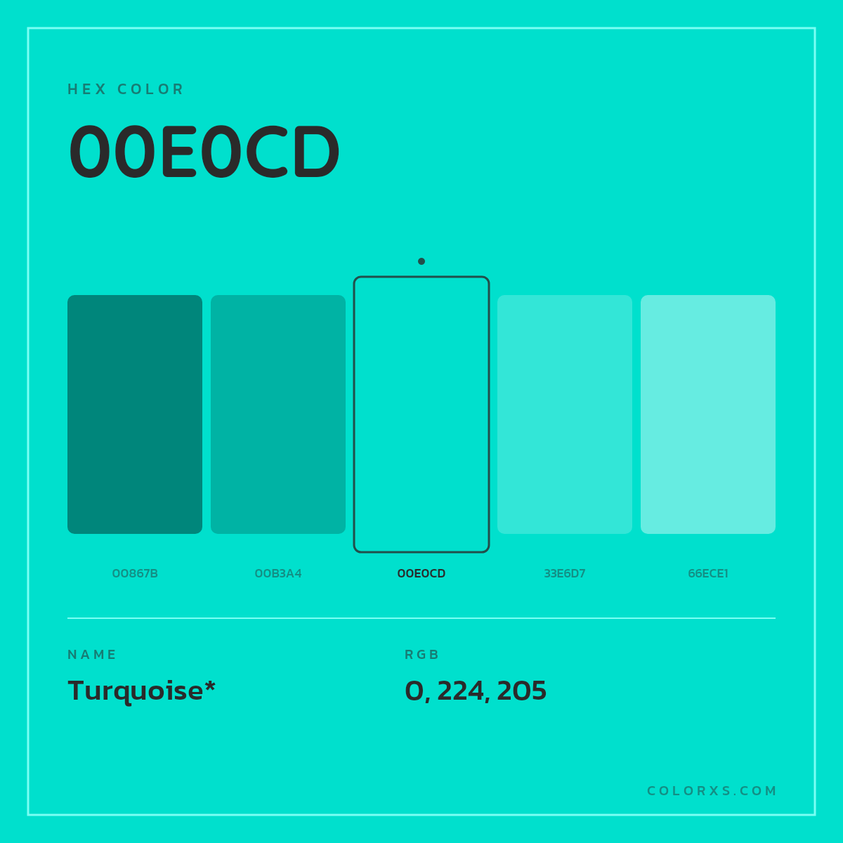 #00E0CD hex color. RGB, RYB, CMYK, HSL, HSV codes and color conversions. Matching color names, palettes, paints.
