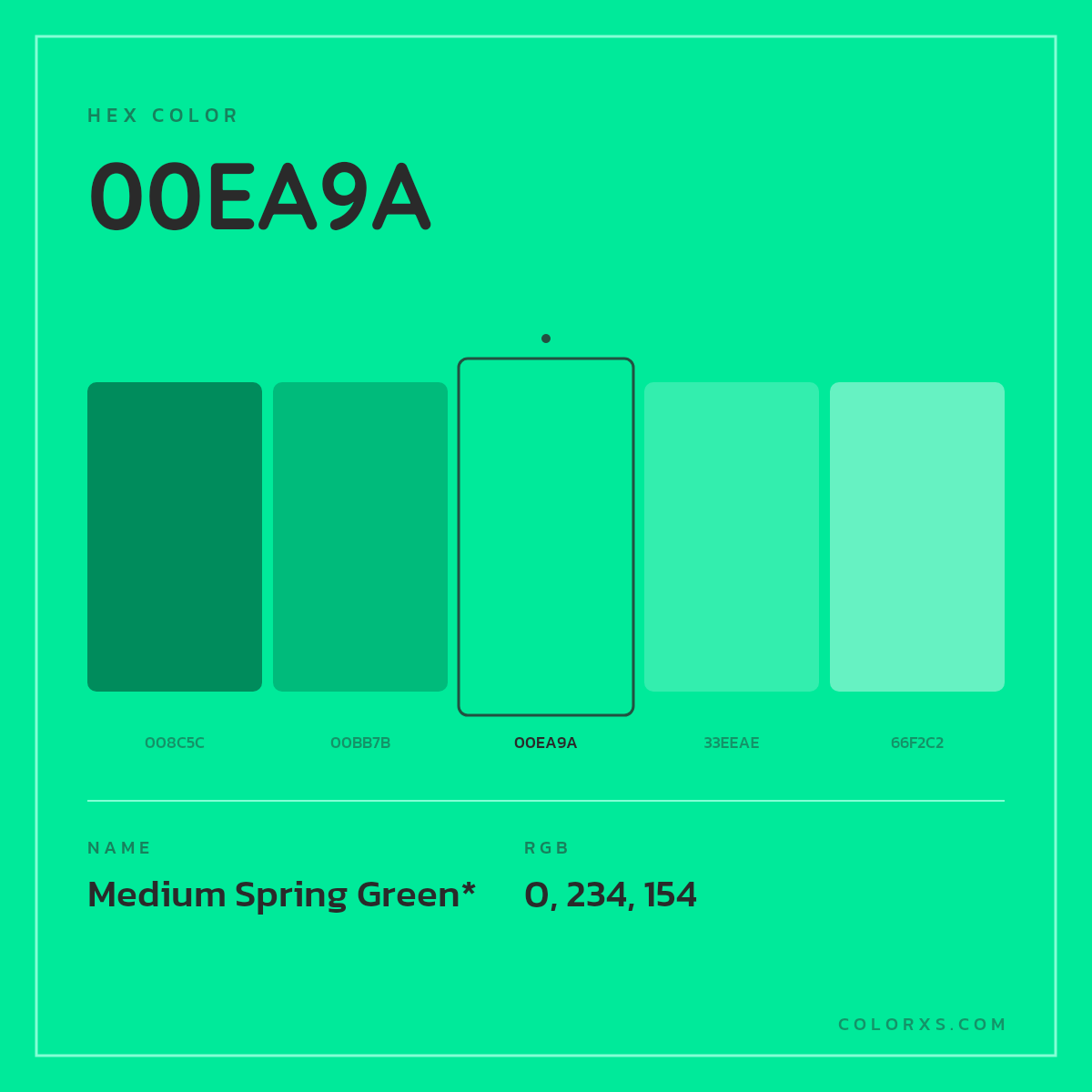 #00EA9A hex color. RGB, RYB, CMYK, HSL, HSV codes and color conversions. Matching color names, palettes, paints.