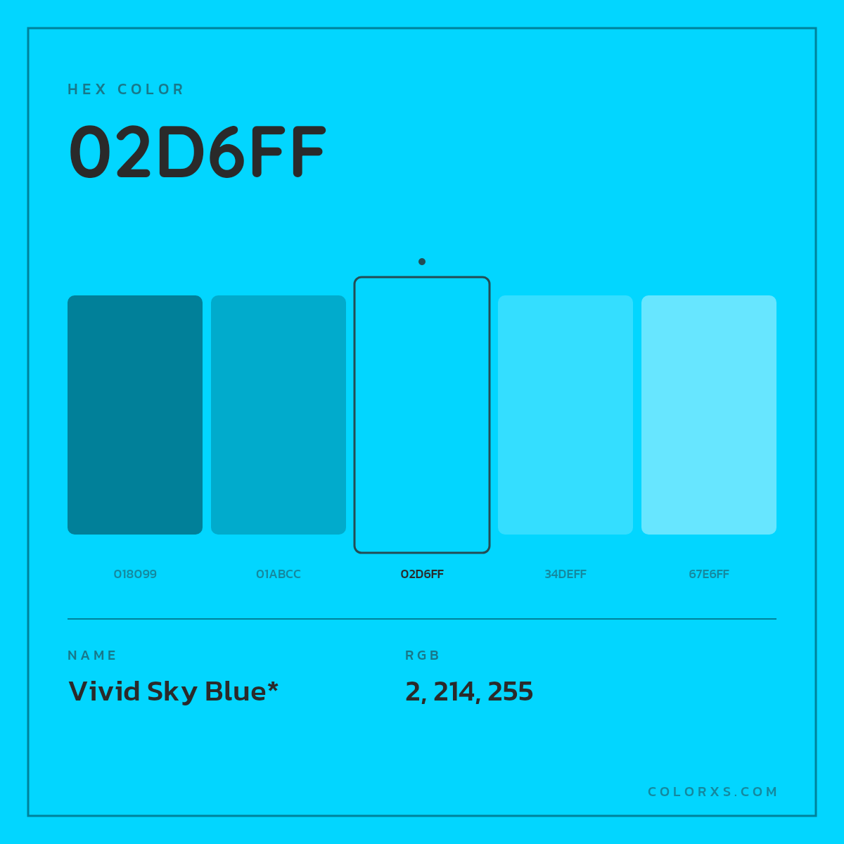 #02D6FF hex color. RGB, RYB, CMYK, HSL, HSV codes and color conversions. Matching color names, palettes, paints.