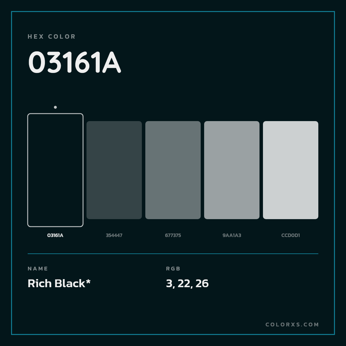 #03161A hex color. RGB, RYB, CMYK, HSL, HSV codes and color conversions. Matching color names, palettes, paints.