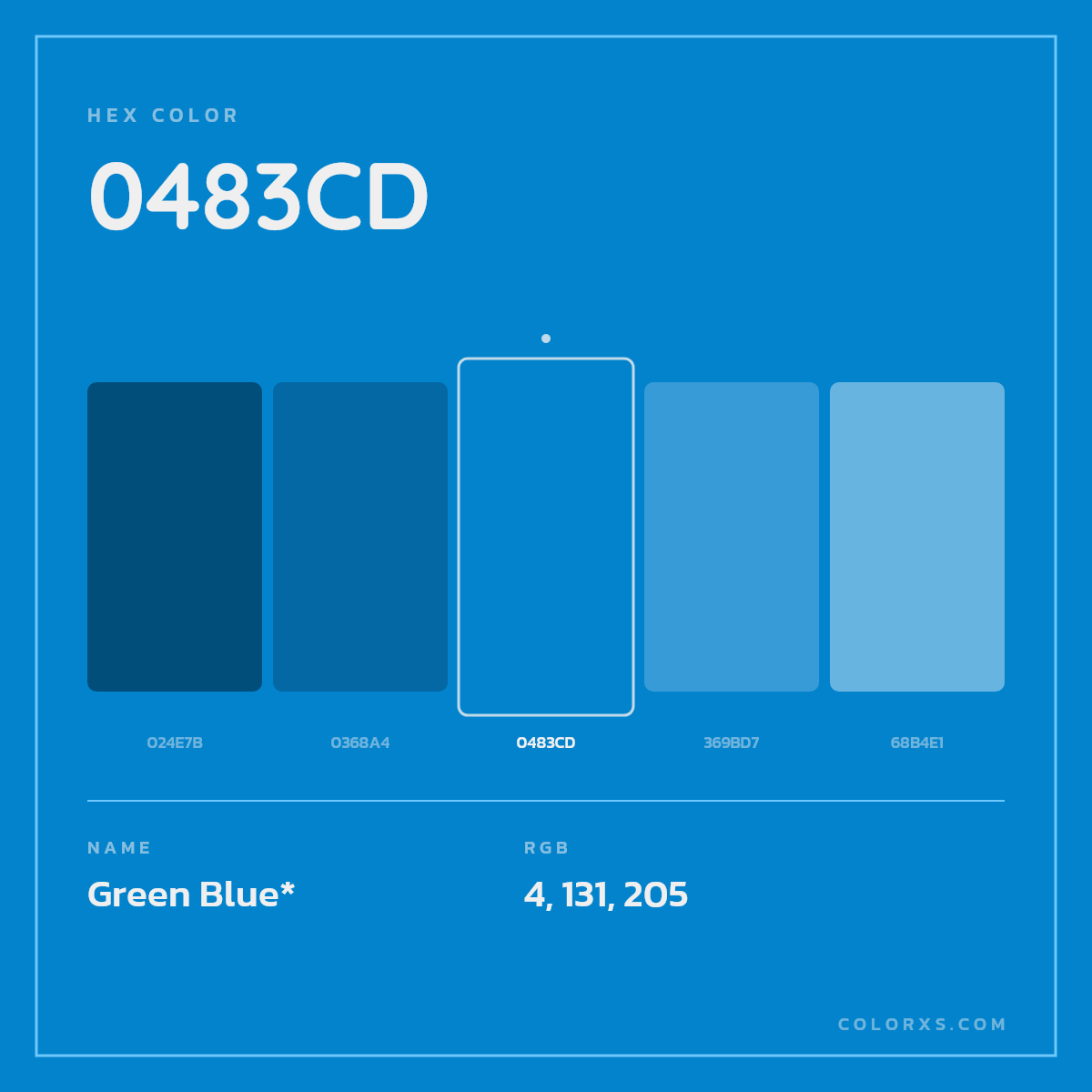 #0483CD hex color. RGB, RYB, CMYK, HSL, HSV codes and color conversions. Matching color names, palettes, paints.