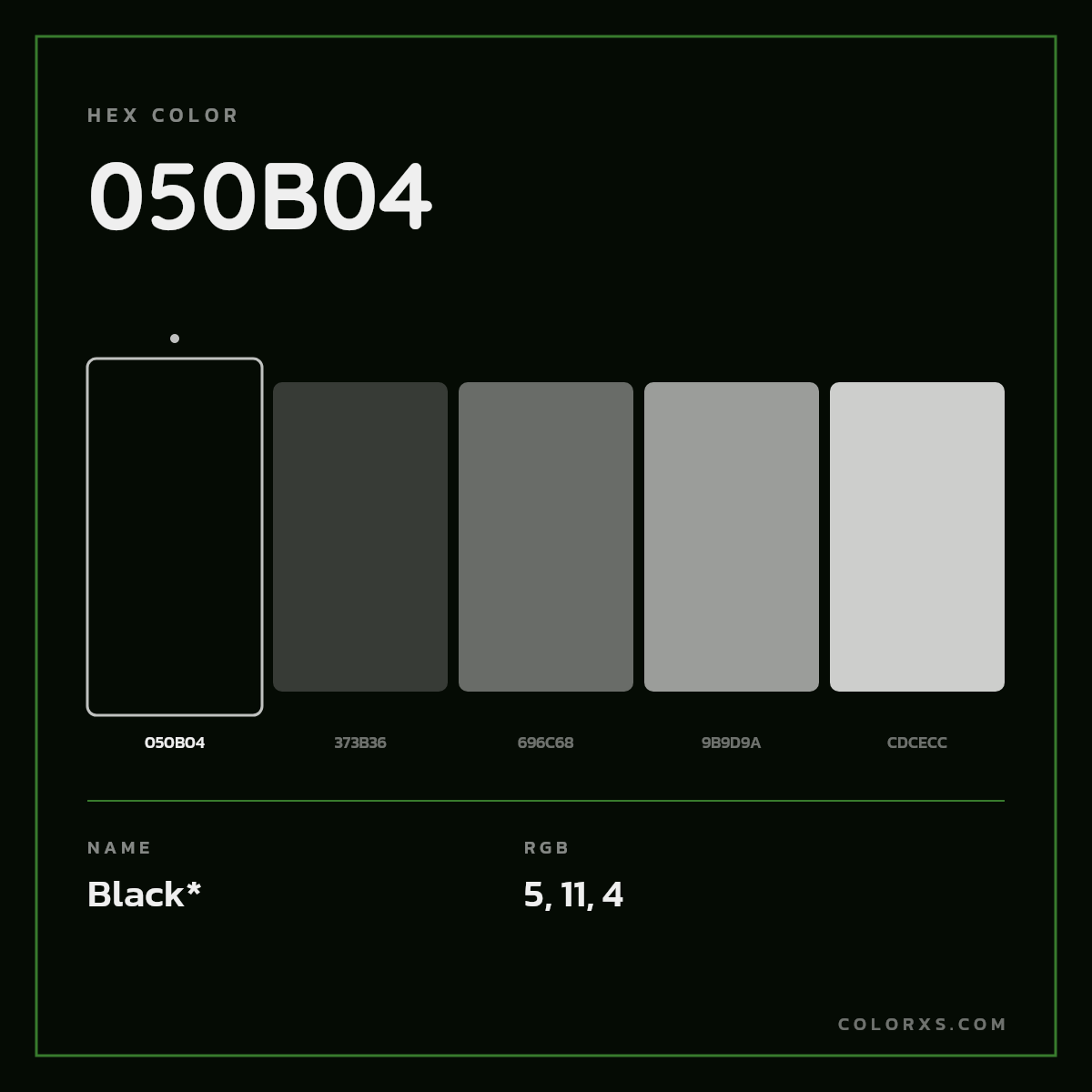 #050B04 hex color. RGB, RYB, CMYK, HSL, HSV codes and color conversions. Matching color names, palettes, paints.
