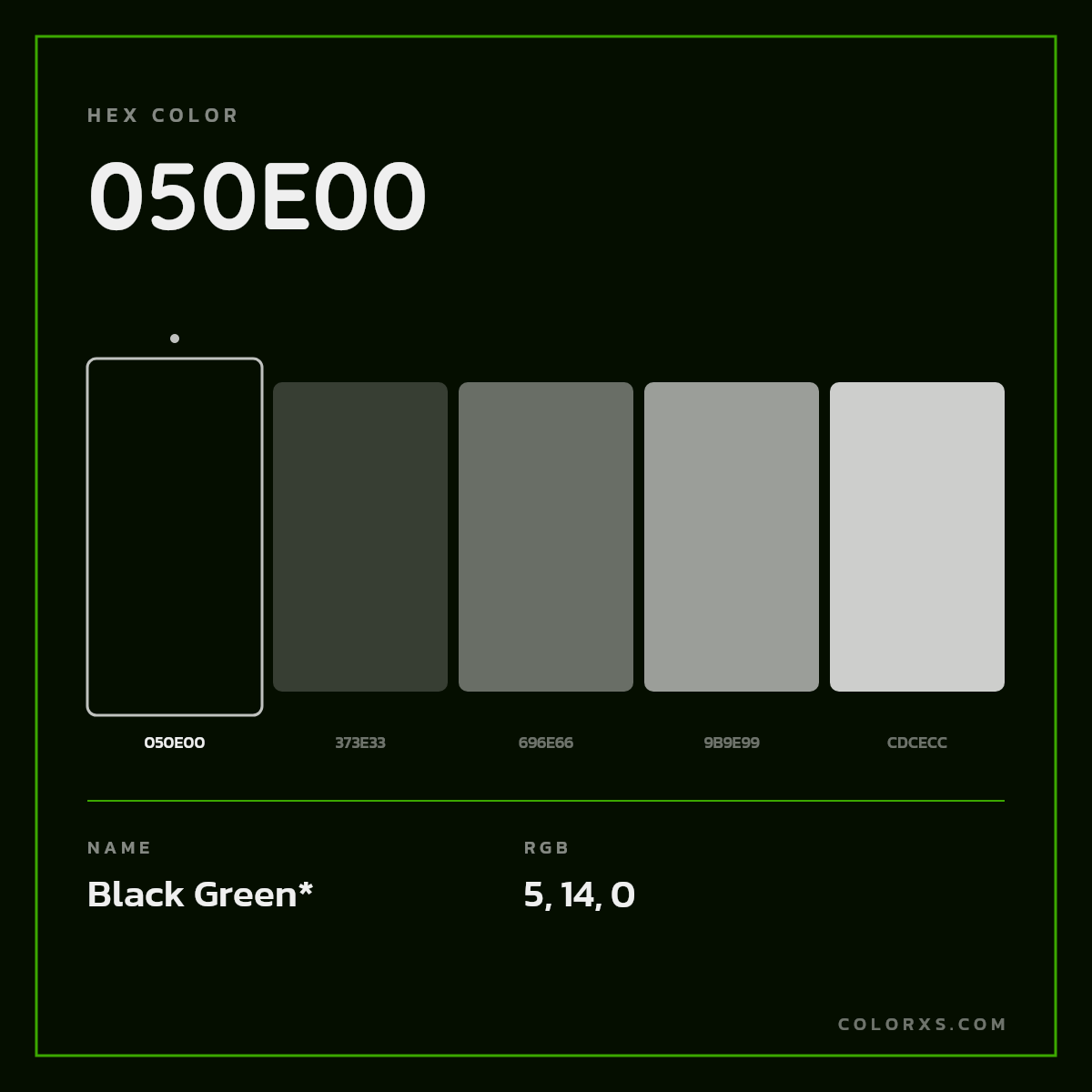 #050E00 hex color. RGB, RYB, CMYK, HSL, HSV codes and color conversions. Matching color names, palettes, paints.