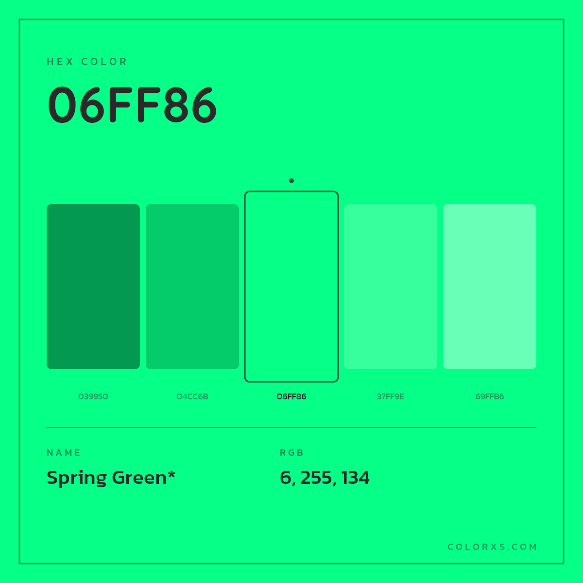 #06FF86 hex color. RGB, RYB, CMYK, HSL, HSV codes and color conversions. Matching color names, palettes, paints.