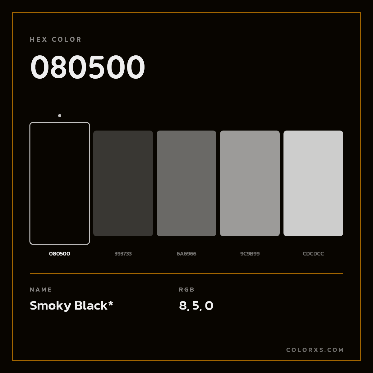 #080500 hex color. RGB, RYB, CMYK, HSL, HSV codes and color conversions. Matching color names, palettes, paints.