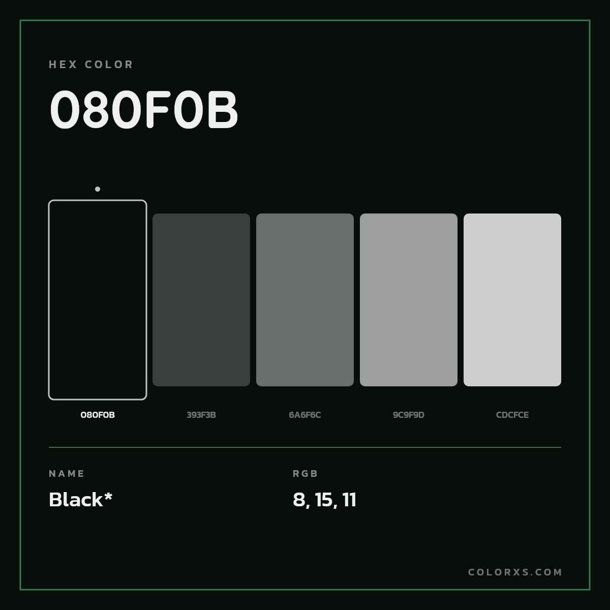 #080F0B hex color. RGB, RYB, CMYK, HSL, HSV codes and color conversions. Matching color names, palettes, paints.