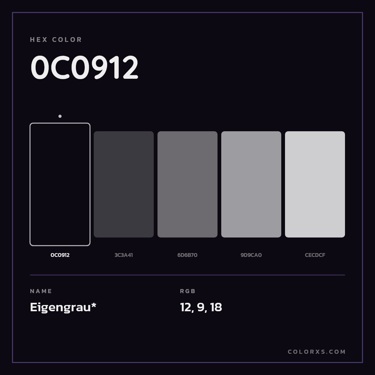 #0C0912 hex color. RGB, RYB, CMYK, HSL, HSV codes and color conversions. Matching color names, palettes, paints.