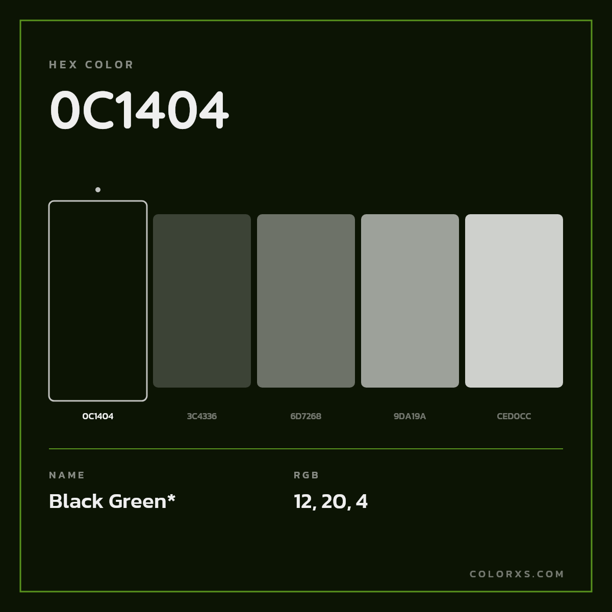 #0C1404 hex color. RGB, RYB, CMYK, HSL, HSV codes and color conversions. Matching color names, palettes, paints.