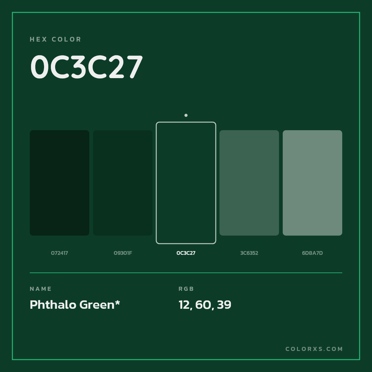 #0C3C27 hex color. RGB, RYB, CMYK, HSL, HSV codes and color conversions. Matching color names, palettes, paints.