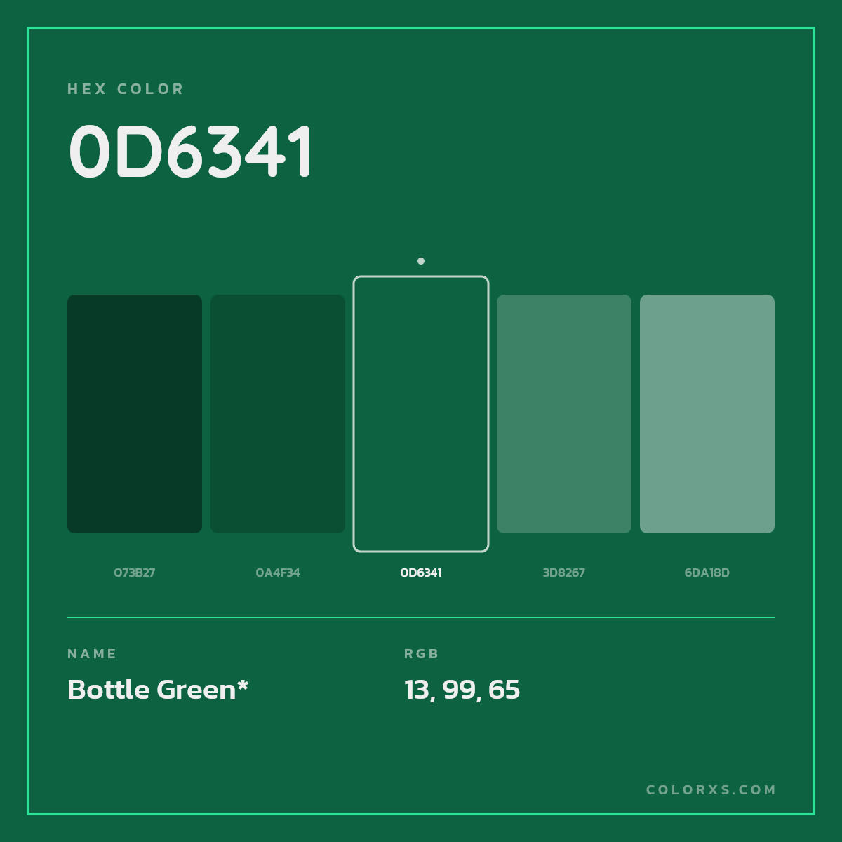#0D6341 hex color. RGB, RYB, CMYK, HSL, HSV codes and color conversions. Matching color names, palettes, paints.