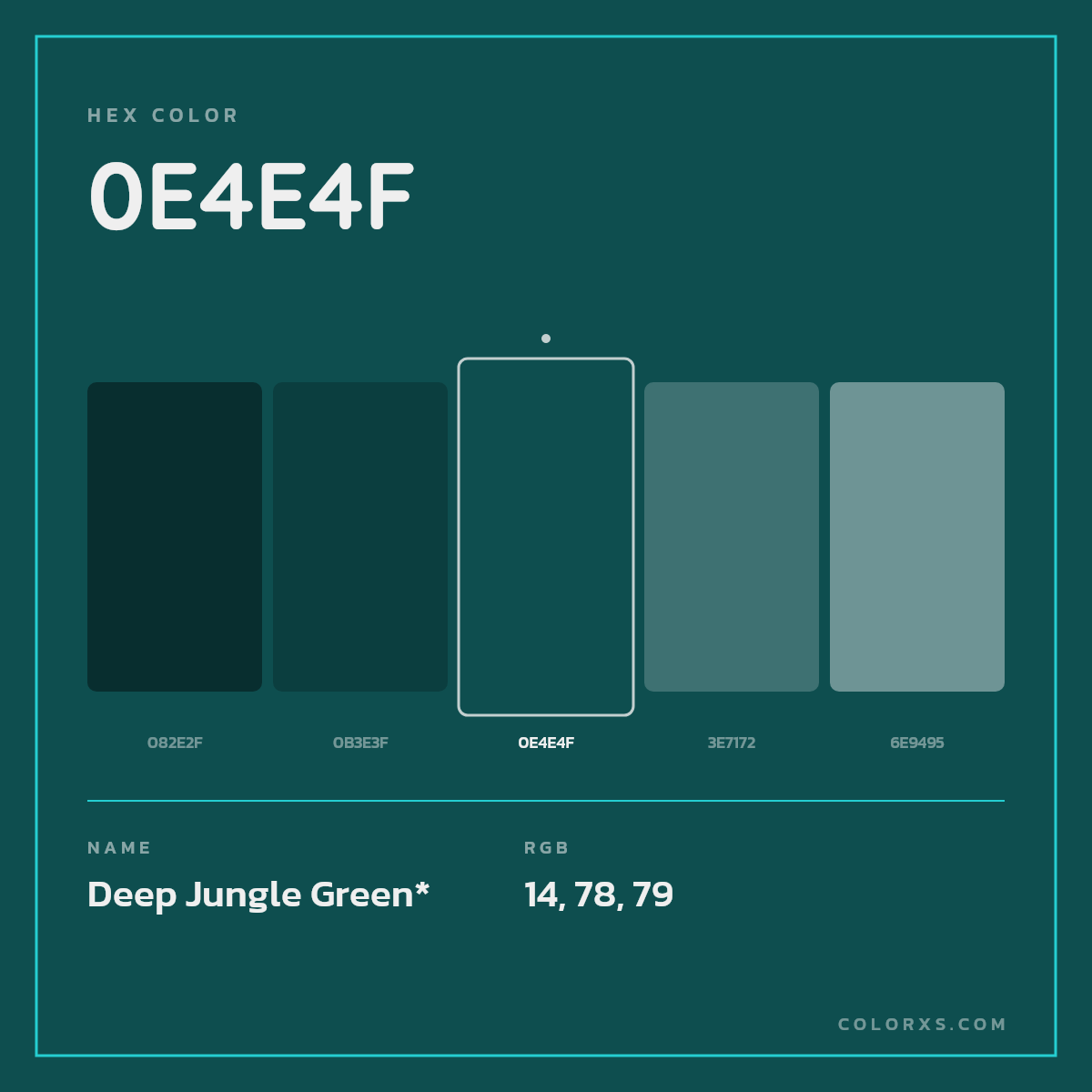 #0E4E4F hex color. RGB, RYB, CMYK, HSL, HSV codes and color conversions. Matching color names, palettes, paints.