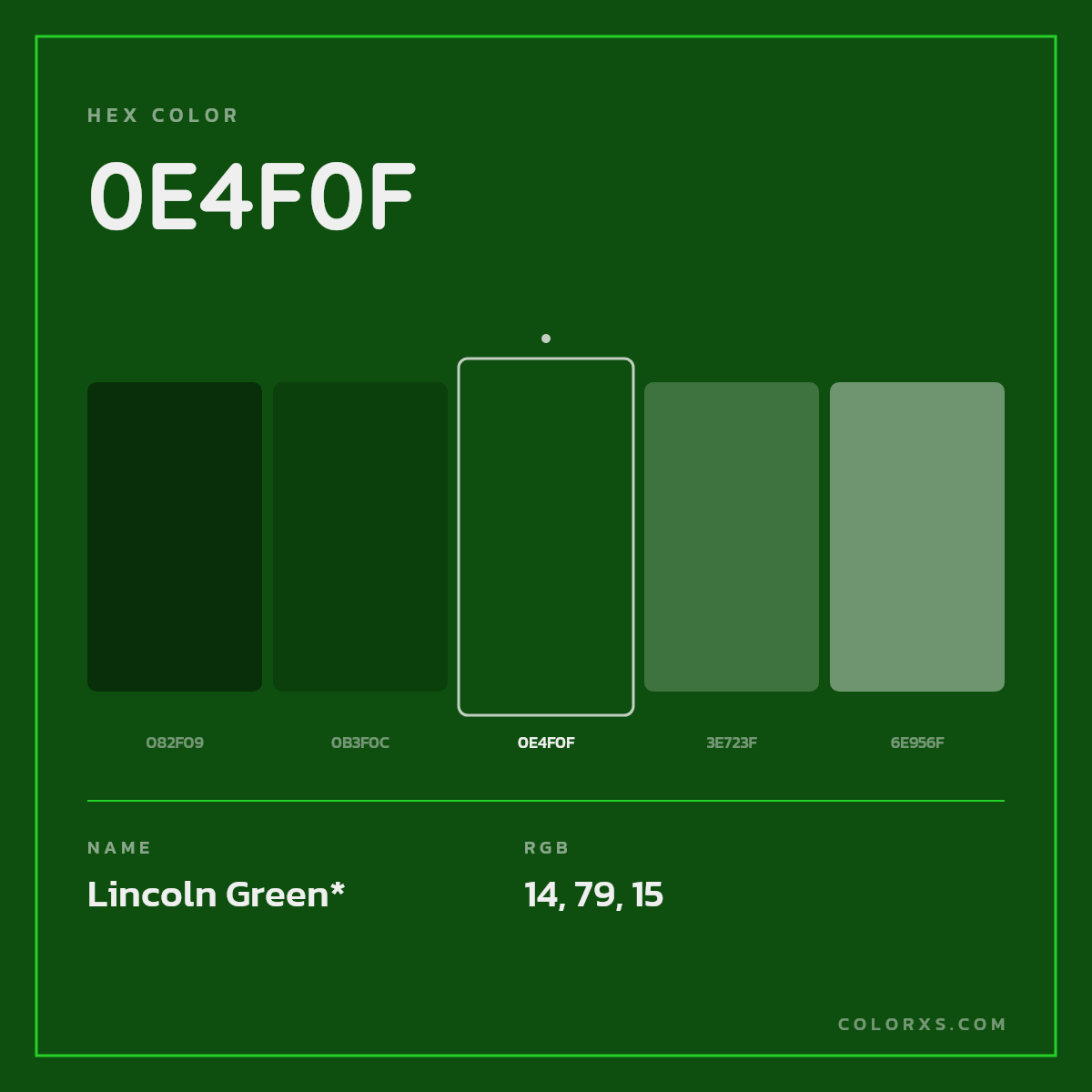 #0E4F0F hex color. RGB, RYB, CMYK, HSL, HSV codes and color conversions. Matching color names, palettes, paints.