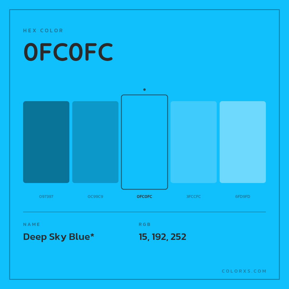 #0FC0FC hex color. RGB, RYB, CMYK, HSL, HSV codes and color conversions. Matching color names, palettes, paints.