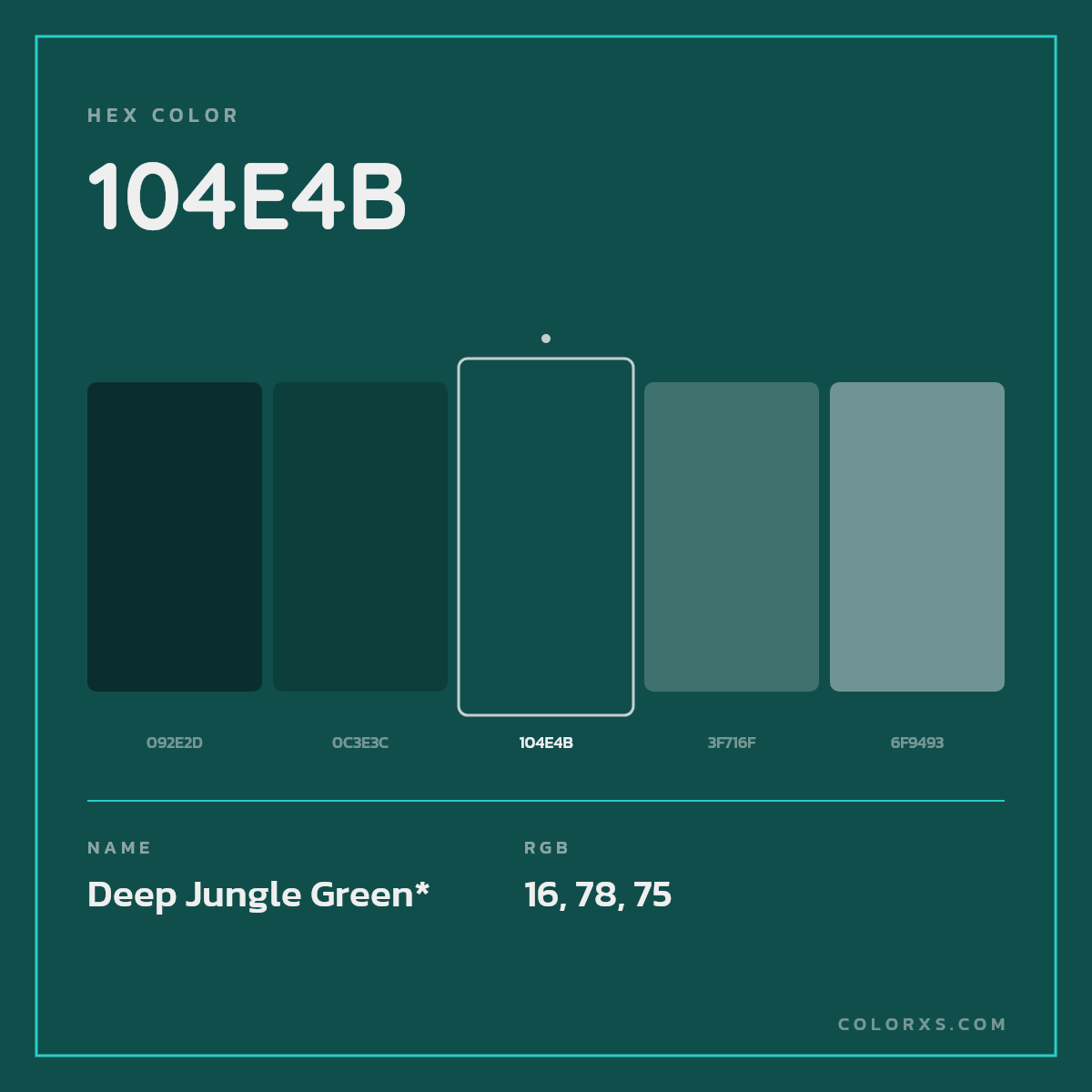 #104E4B hex color. RGB, RYB, CMYK, HSL, HSV codes and color conversions. Matching color names, palettes, paints.