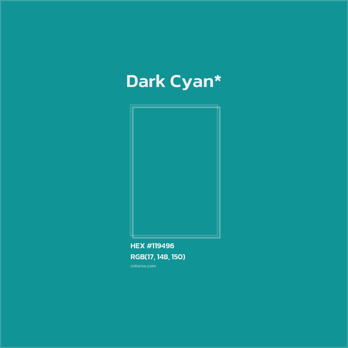 #119496 hex color. RGB, RYB, CMYK, HSL, HSV codes and color conversions. Matching color names, palettes, paints.