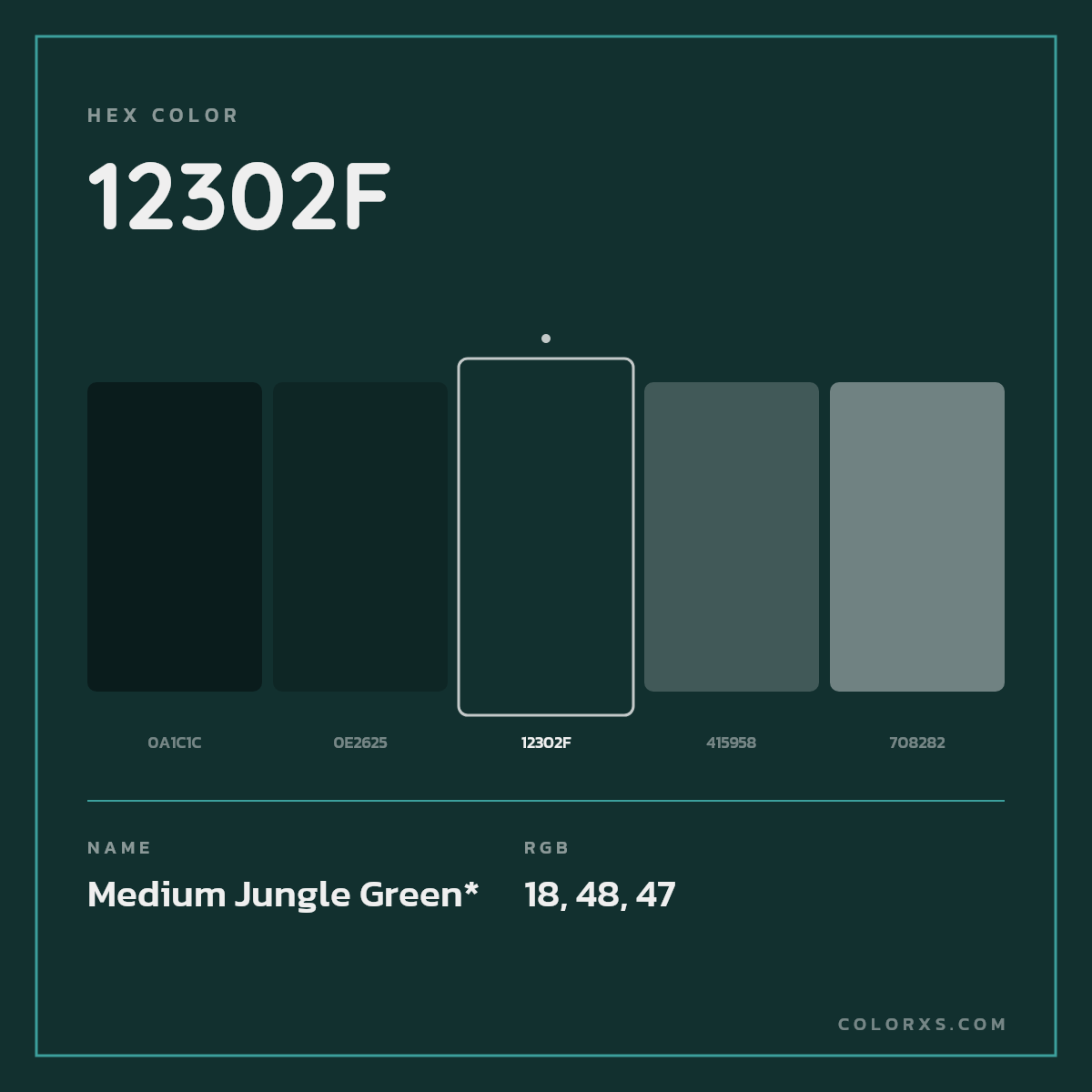 #12302F hex color. RGB, RYB, CMYK, HSL, HSV codes and color conversions. Matching color names, palettes, paints.