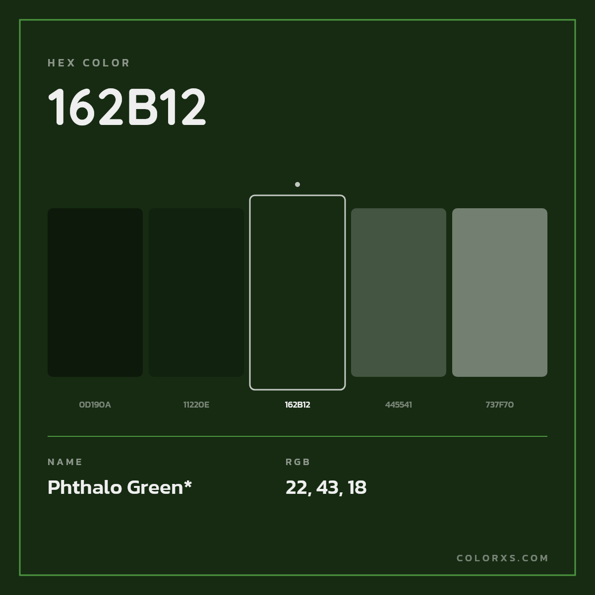 #162B12 hex color. RGB, RYB, CMYK, HSL, HSV codes and color conversions. Matching color names, palettes, paints.