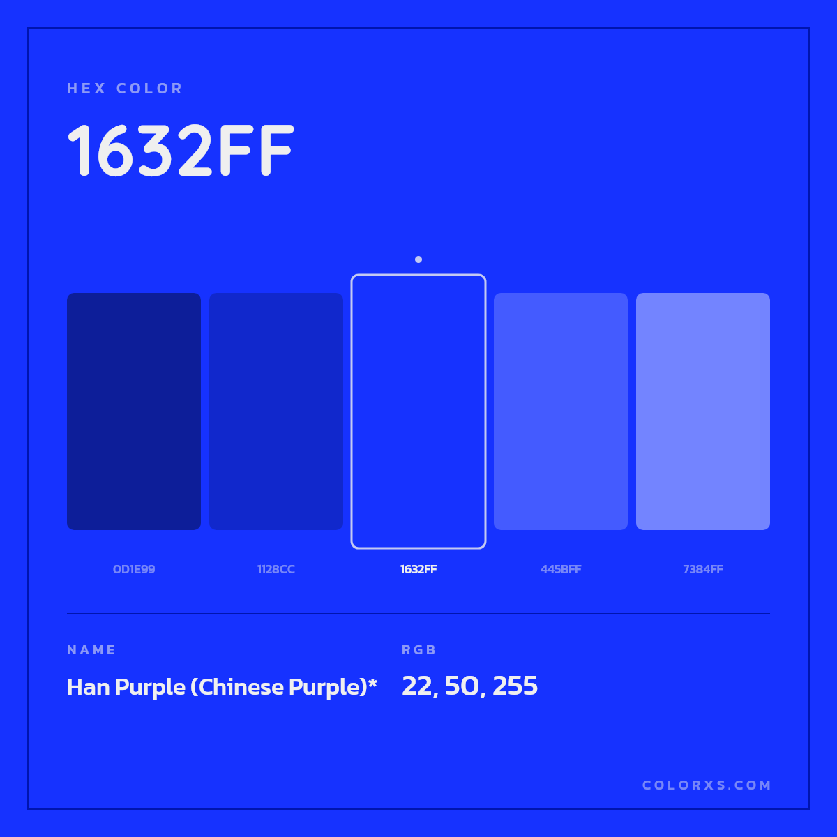 #1632FF hex color. RGB, RYB, CMYK, HSL, HSV codes and color conversions. Matching color names, palettes, paints.