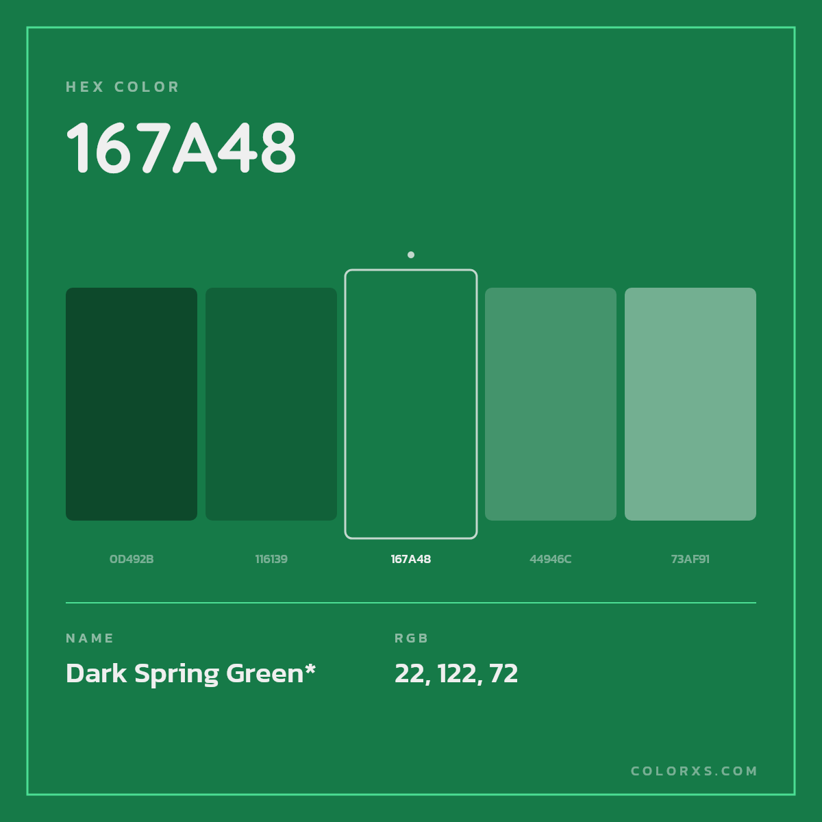 #167A48 hex color. RGB, RYB, CMYK, HSL, HSV codes and color conversions. Matching color names, palettes, paints.