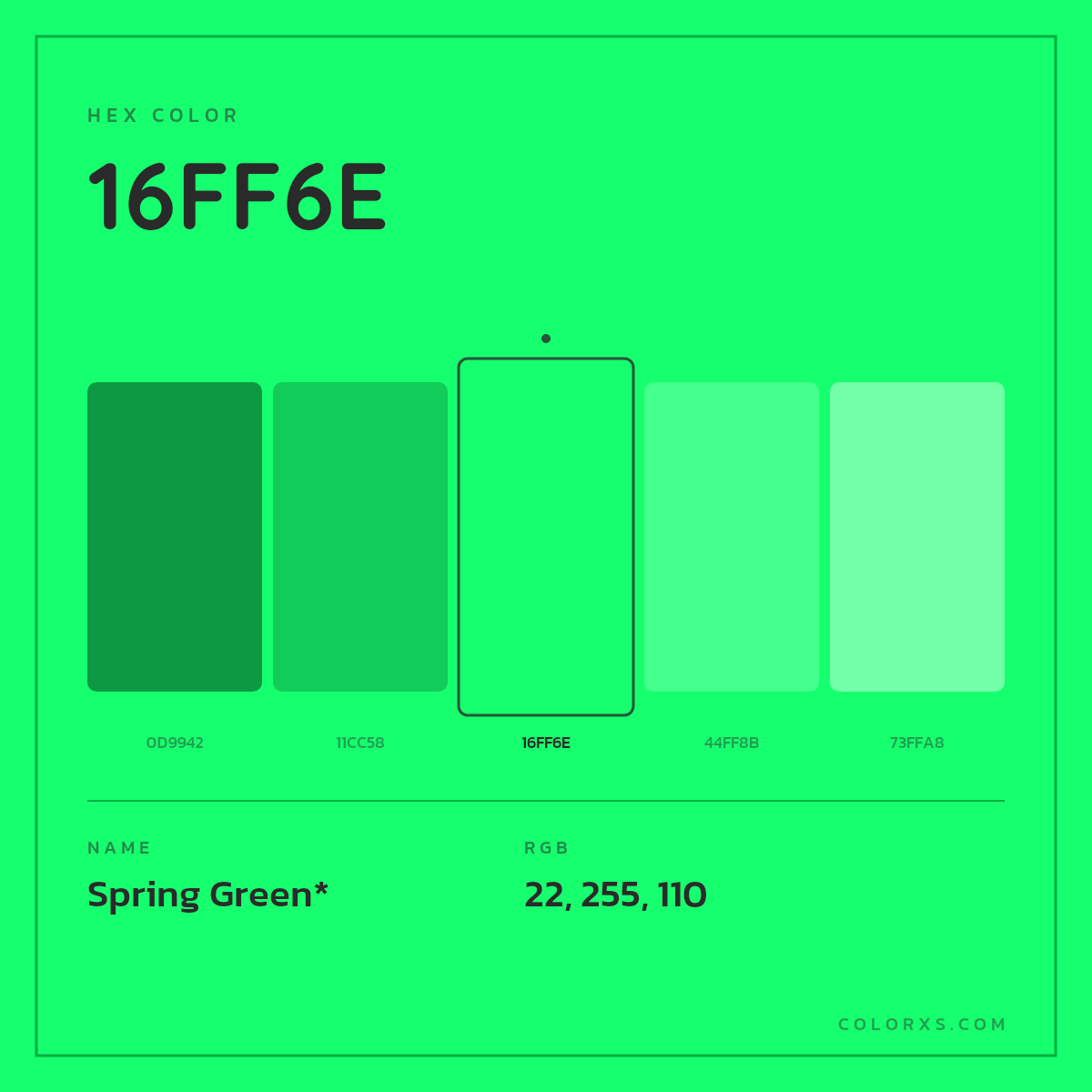 #16FF6E hex color. RGB, RYB, CMYK, HSL, HSV codes and color conversions. Matching color names, palettes, paints.