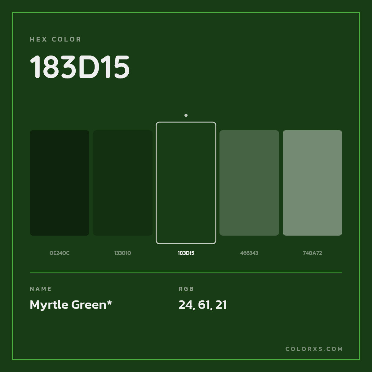 #183D15 hex color. RGB, RYB, CMYK, HSL, HSV codes and color conversions. Matching color names, palettes, paints.