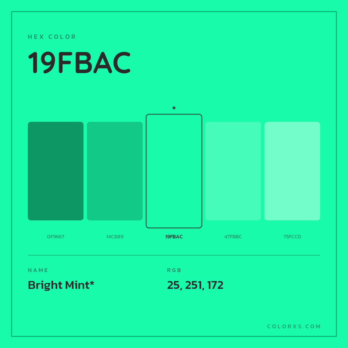 #19FBAC hex color. RGB, RYB, CMYK, HSL, HSV codes and color conversions. Matching color names, palettes, paints.