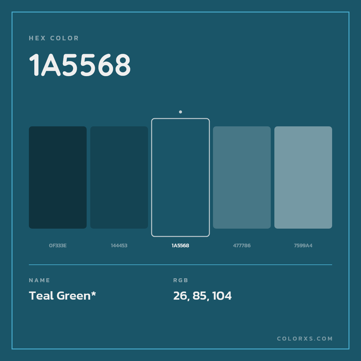 #1A5568 hex color. RGB, RYB, CMYK, HSL, HSV codes and color conversions. Matching color names, palettes, paints.