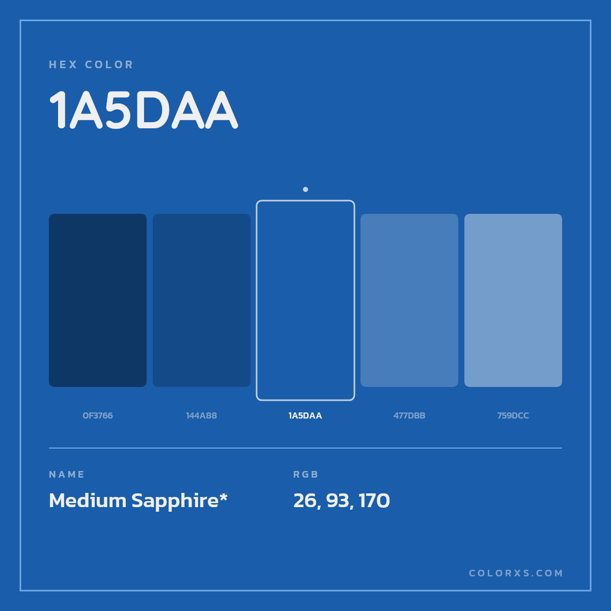 #1A5DAA hex color. RGB, RYB, CMYK, HSL, HSV codes and color conversions. Matching color names, palettes, paints.