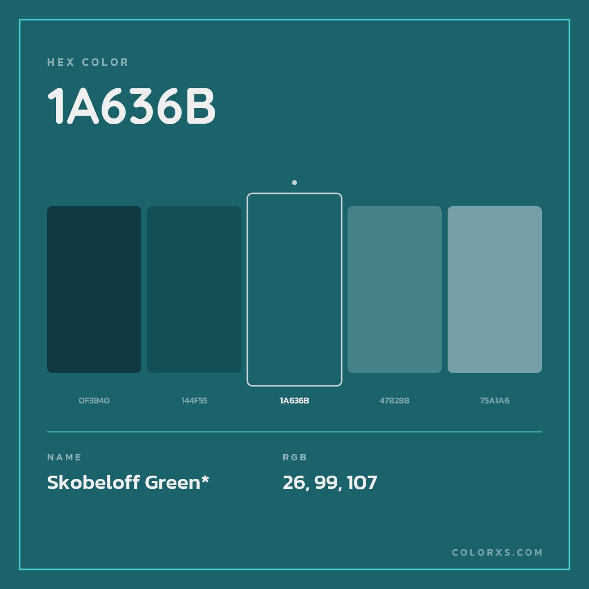 #1A636B hex color. RGB, RYB, CMYK, HSL, HSV codes and color conversions. Matching color names, palettes, paints.
