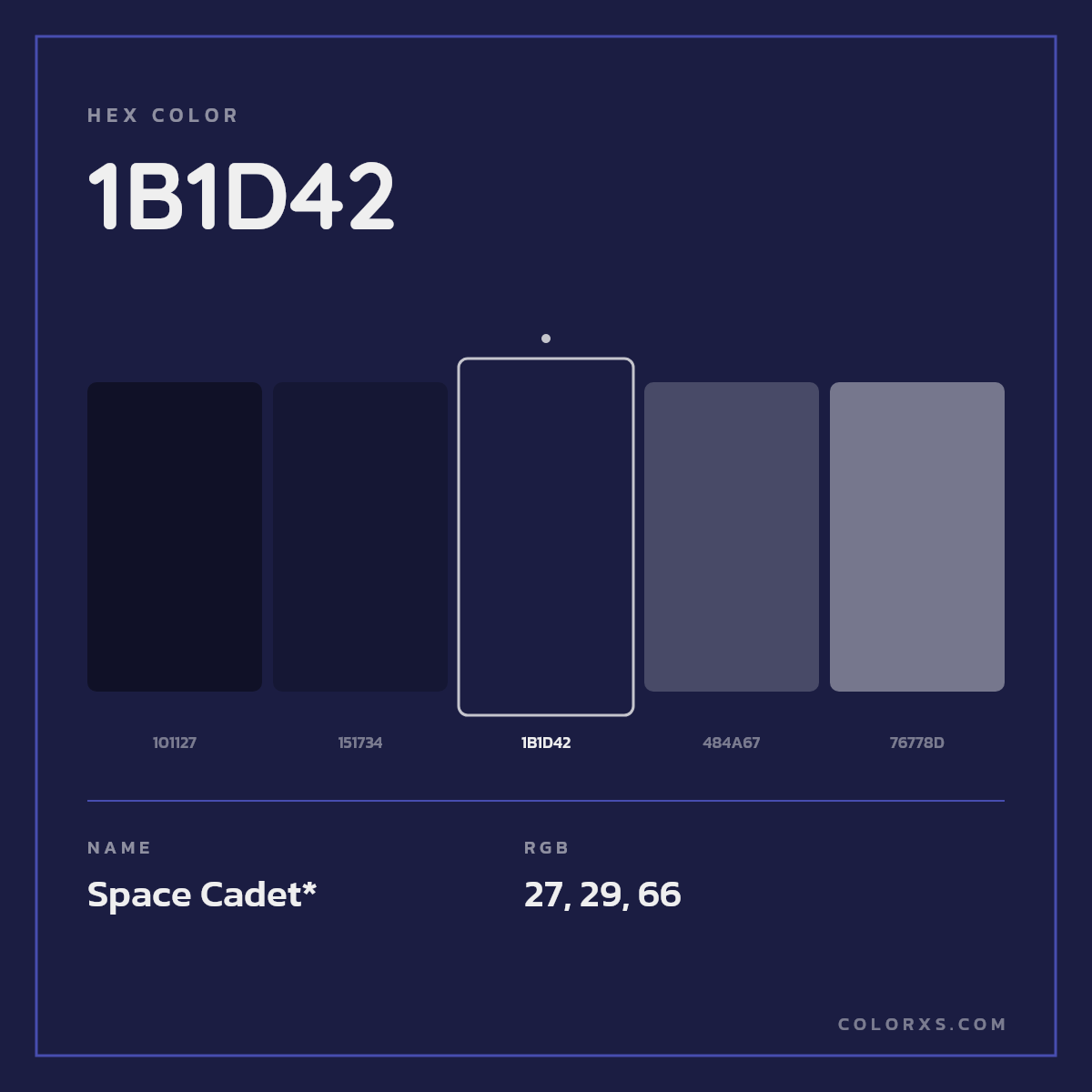 #1B1D42 hex color. RGB, RYB, CMYK, HSL, HSV codes and color conversions. Matching color names, palettes, paints.