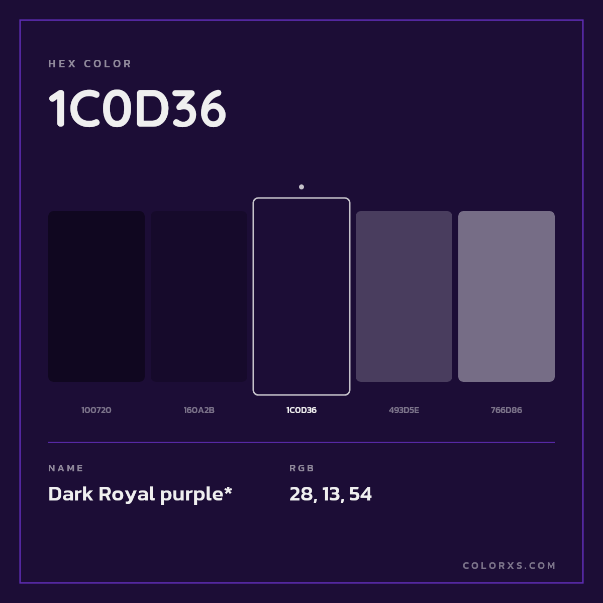 #1C0D36 hex color. RGB, RYB, CMYK, HSL, HSV codes and color conversions. Matching color names, palettes, paints.