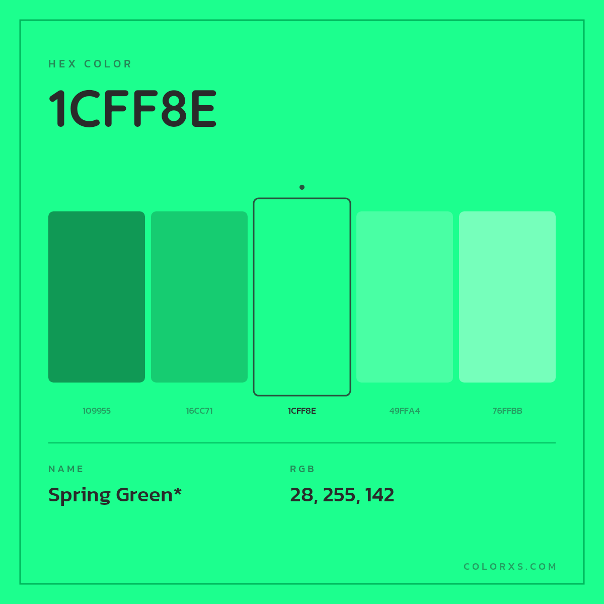 #1CFF8E hex color. RGB, RYB, CMYK, HSL, HSV codes and color conversions. Matching color names, palettes, paints.